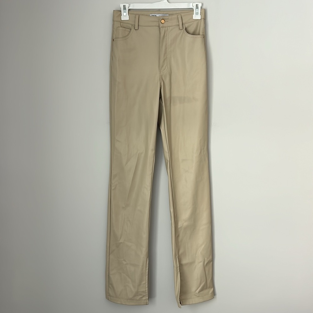 Zara Cream High Rise Split Hem Slim Straight Faux Leather Pant Size 2